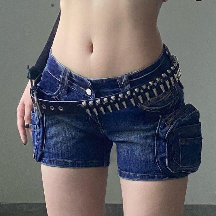 Street Washed Dark-Blue Pocket Splicing Low-Waist Short Jeans - Swefashionstore