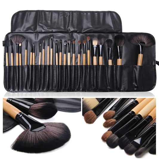 Gift Bag Of 24 Pcs Makeup Brush Set with elegant wooden handles, featuring a variety of high-quality brushes for all makeup styles, in durable PU packaging.