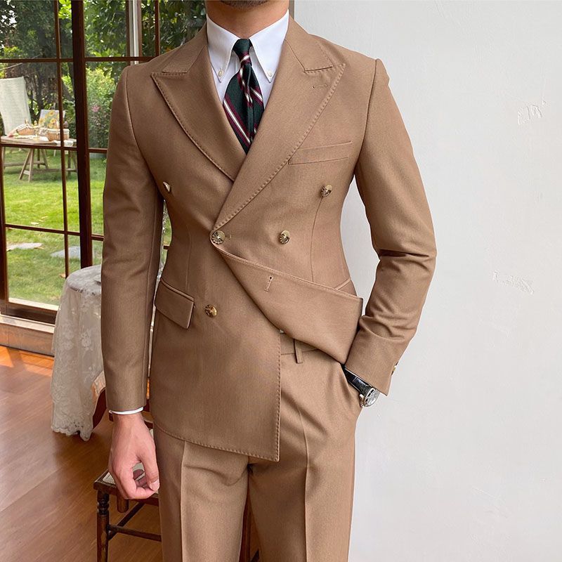Casual business all-match double-breasted suit jacket in camel color, featuring a stylish design with gold buttons.