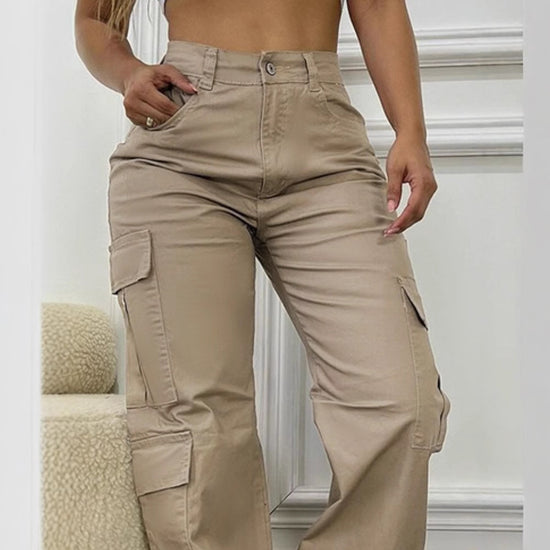 Brown Casual High Waist Work Clothes Patch Pocket Wide Leg Trousers - Swefashionstore