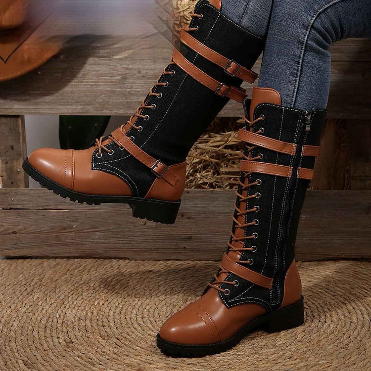 Round Toe Rivet Boots with Belt Buckle and Square Heel