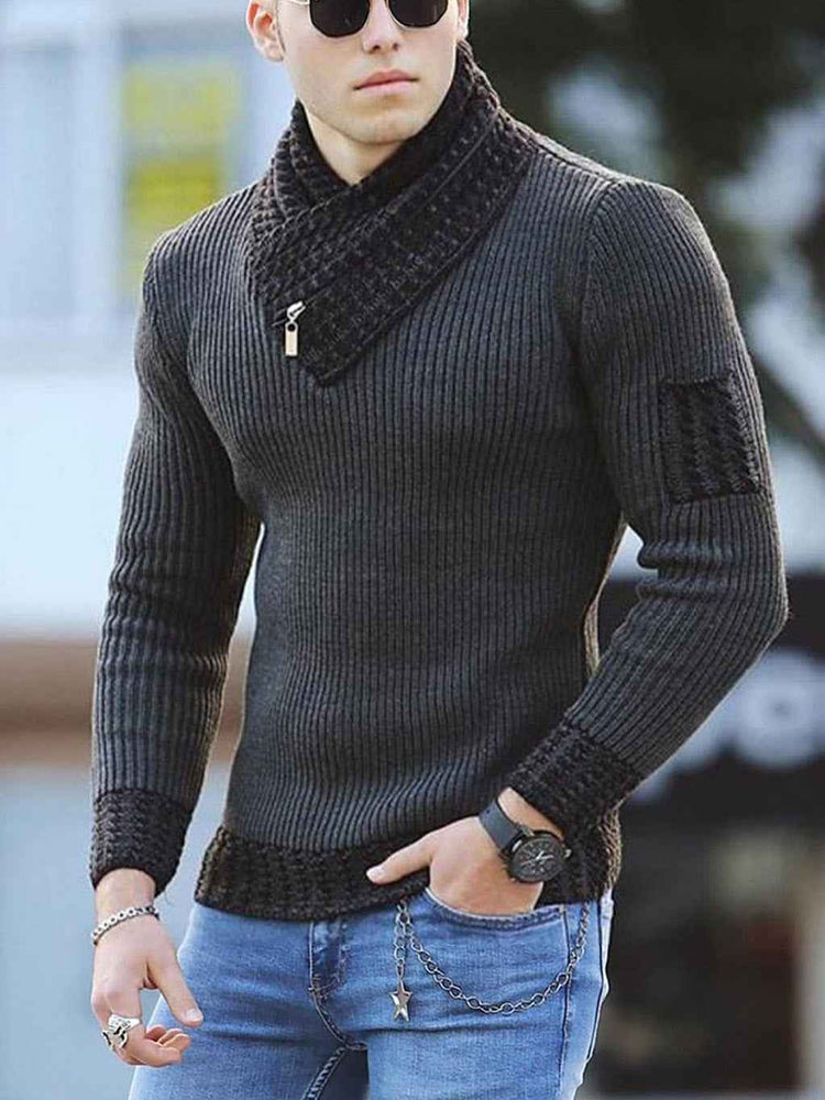 Independent Station Casual Slim Knit Pullover Sweater for Men with Scarf Collar Long Sleeves