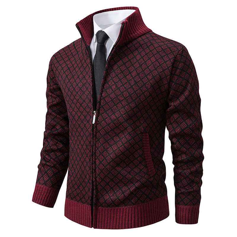 Thickened Plaid Print Cardigan Jacket for Men - Slim Fit Zipper Stand Collar Sweater for Winter Casual Wear