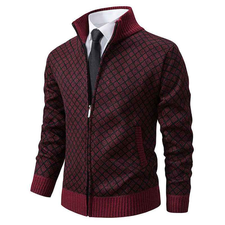 Thickened Plaid Print Cardigan Jacket for Men - Slim Fit Zipper Stand Collar Sweater for Winter Casual Wear