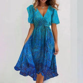 Flowers Printed V-neck Dress Summer A-line Short-sleeved Dresses For Women - Swefashionstore