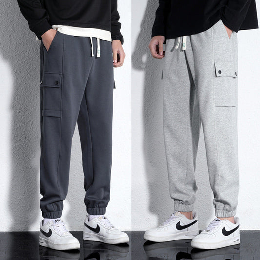 Men's casual knitted cotton sports trousers, dark gray and light gray options, elastic waist, pockets.