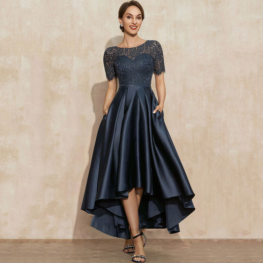 Marineblaues Satin-Kurzarmkleid mit Spitze