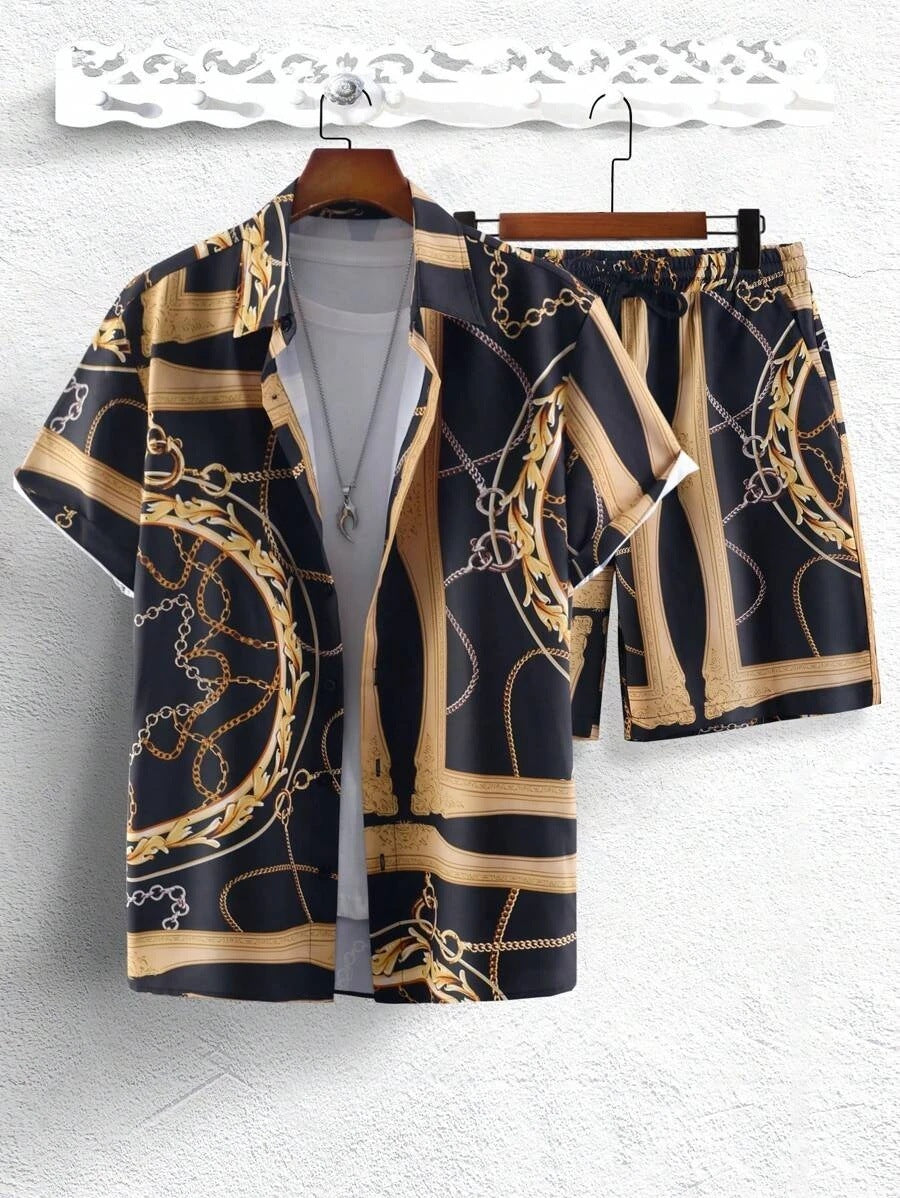 GOLD FASHION Chain 3D Digital Printing Shirt Shorts Suit - Swefashionstore