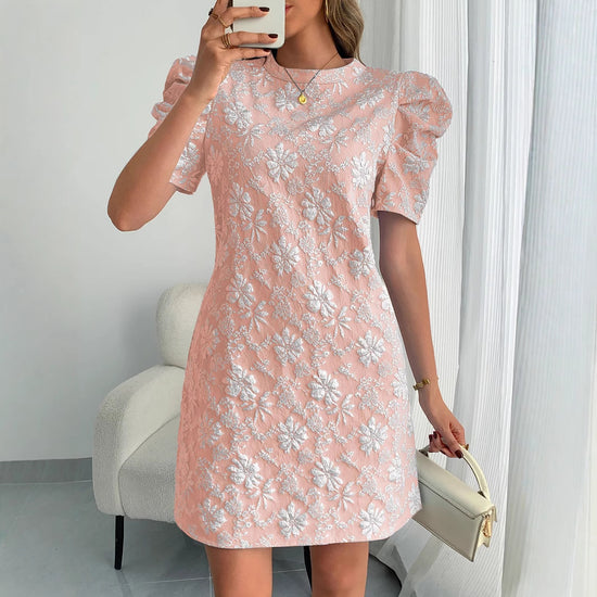 LADIES Puff Sleeve Texture Jacquard Round Neck RETRO Dress - Swefashionstore