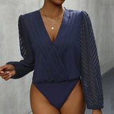 All-matching Solid Color And V-neck Pleated Lace See-through Long-sleeved Jumpsuit - Swefashionstore