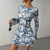 Printed Flare Sleeve Backless Mesh Dress - Swefashionstore
