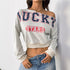 Letter Print Diagonal Collar Short Navel Women&