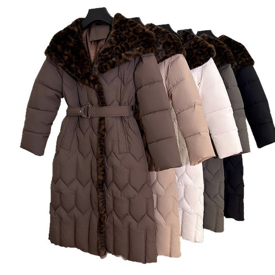 Sömnad Overknee Bomullsvadderad Jacka - Lång Slim-Fit Bälte Elegant Design