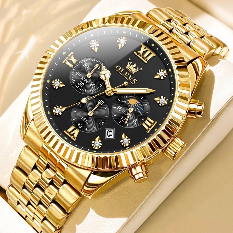 Men's fashionable golden quartz watch with black dial and stainless steel strap.