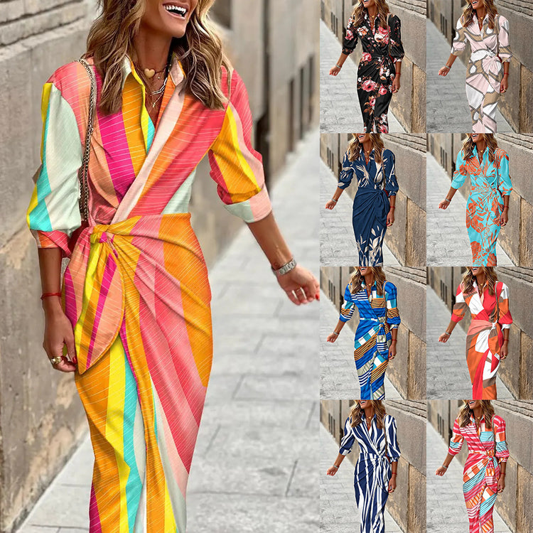 Fashion Printed Shirt Dress With Belt Slim Fit Three-quarter Sleeve Lapel Dress For Women Clothing - Swefashionstore