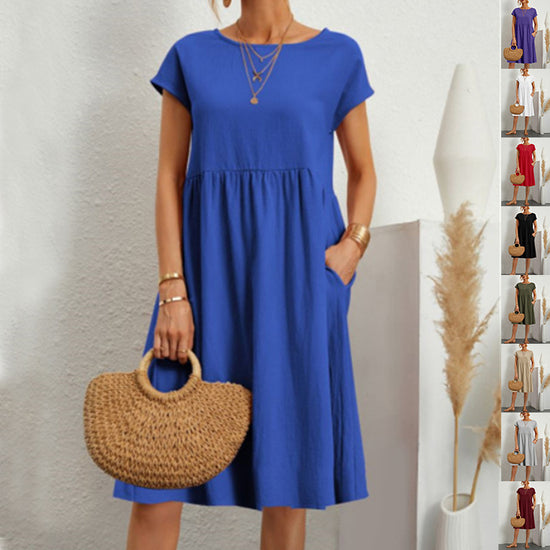 Summer Short-sleeved Dress With Pockets Fashion Solid Round Neck A-line Dresses For Women Clothing - Swefashionstore