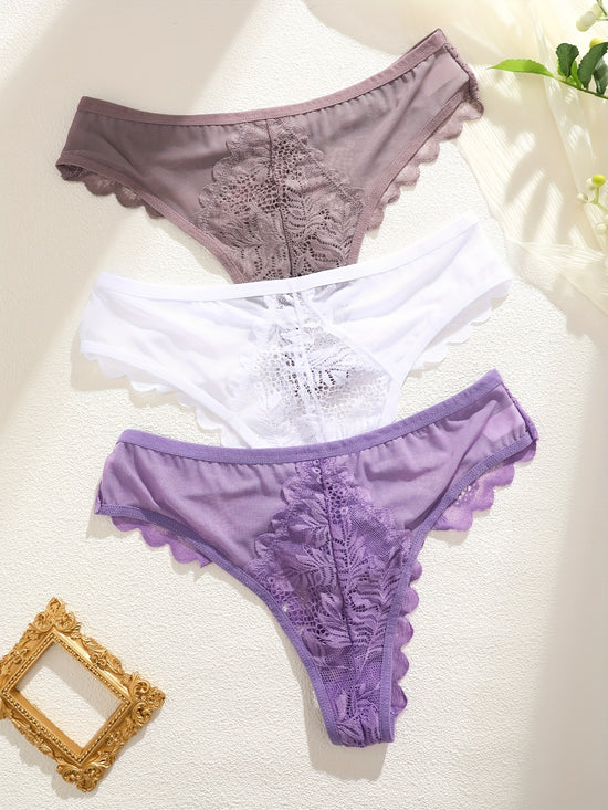 3 Pcs Breathable Sexy Lacy Trim Briefs, Semi-Sheer Thong Women&