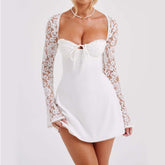 Y2K  Lace Long Sleeve Dress Fashion Sexy Corset Backless Lace Up Short Dresses Womens Clothing - Swefashionstore