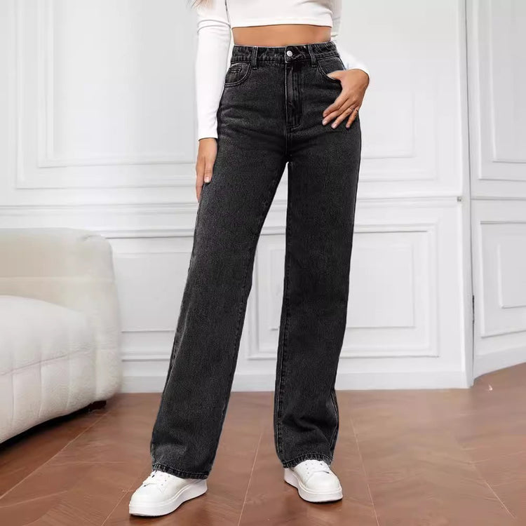 European And American Cross-border Amazon Hot-selling Stretch Washed Denim Fashion Straight Trousers Jeans Women&
