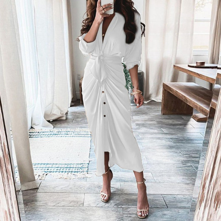 NEW European Print Long-Sleeved LACE-UP Single-Breasted SHIRT Dress - Swefashionstore
