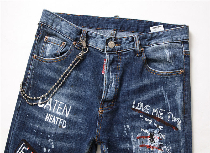 DENIM jeans famous D2 zipper blue hole Pencil Pants