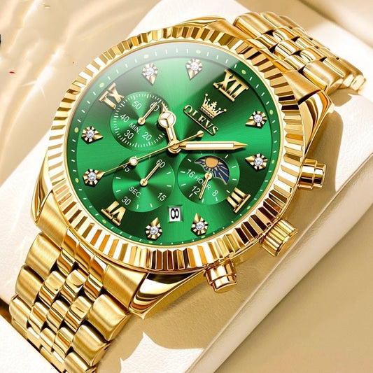 Men's fashionable golden quartz watch with a green dial and stainless steel strap.