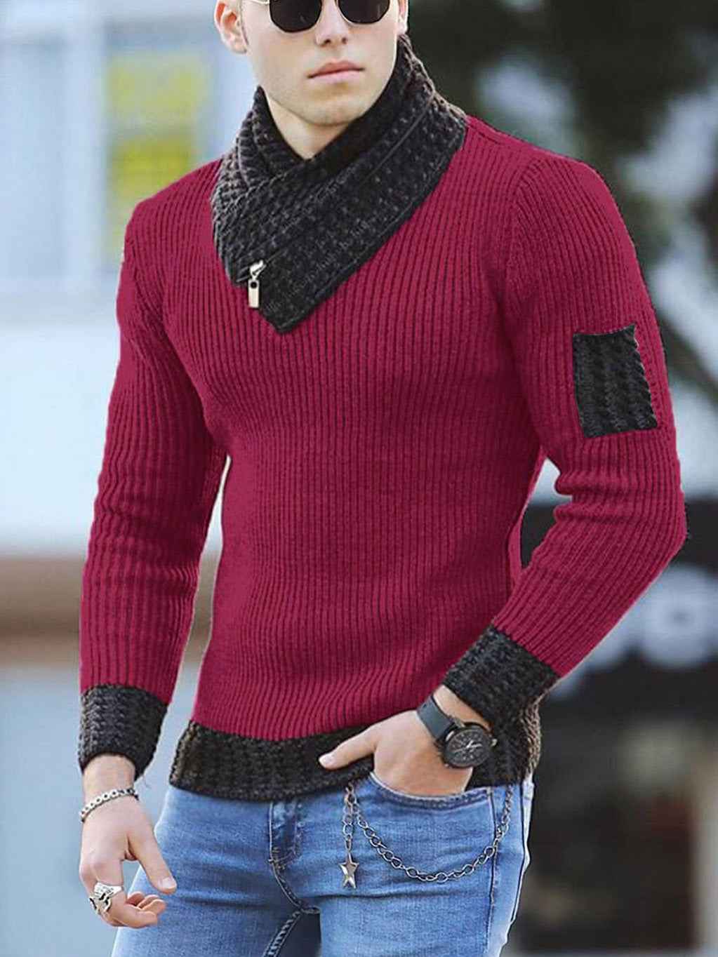 Independent Station Casual Slim Knit Pullover Sweater for Men with Scarf Collar Long Sleeves