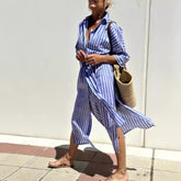 Striped Shirt Dress With Belt Fashion Half-sleeved For Women - Swefashionstore