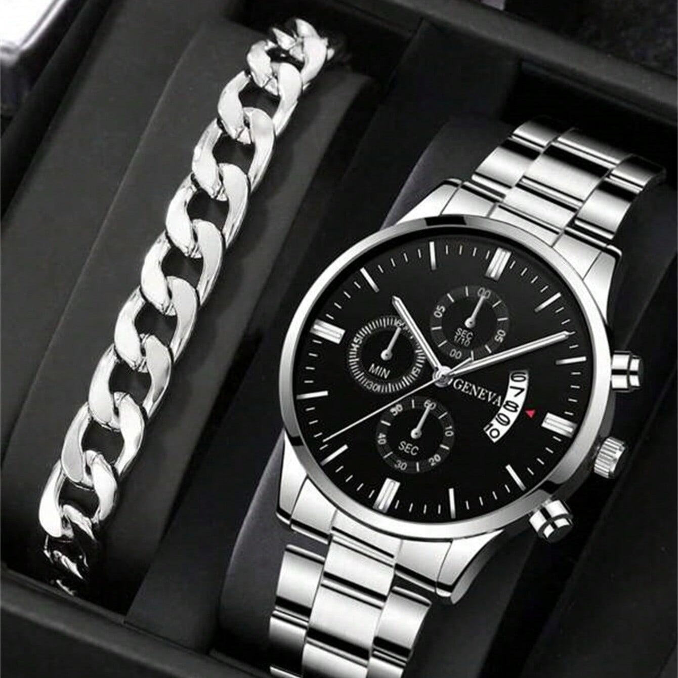 Silver calendar steel watch with black dial and stainless steel bracelet, featuring a jewelry-style clasp, displayed alongside a matching bracelet for women.