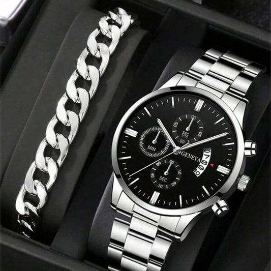 Silver calendar steel watch with black dial and stainless steel bracelet, featuring a jewelry-style clasp, displayed alongside a matching bracelet for women.