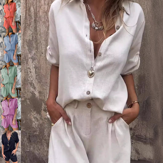 Short-sleeved Suits Fashion Lapel Button Shirt Top And Pocket Shorts Women&