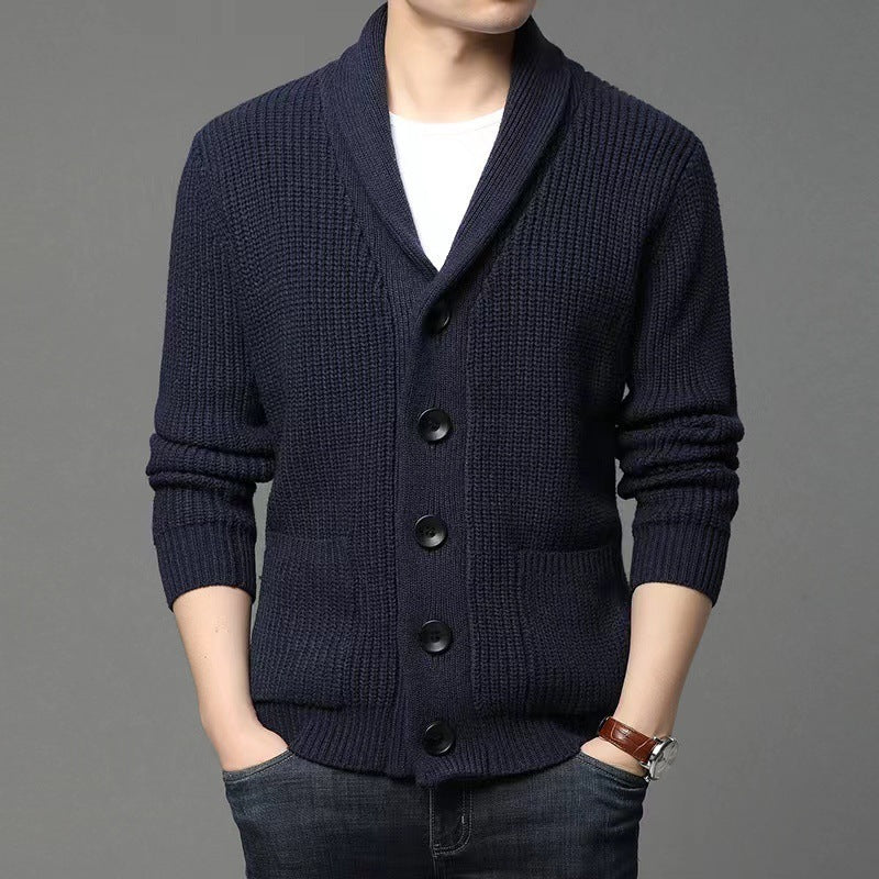 Classic lapel cardigan casual sweater in dark blue, slim fit style.