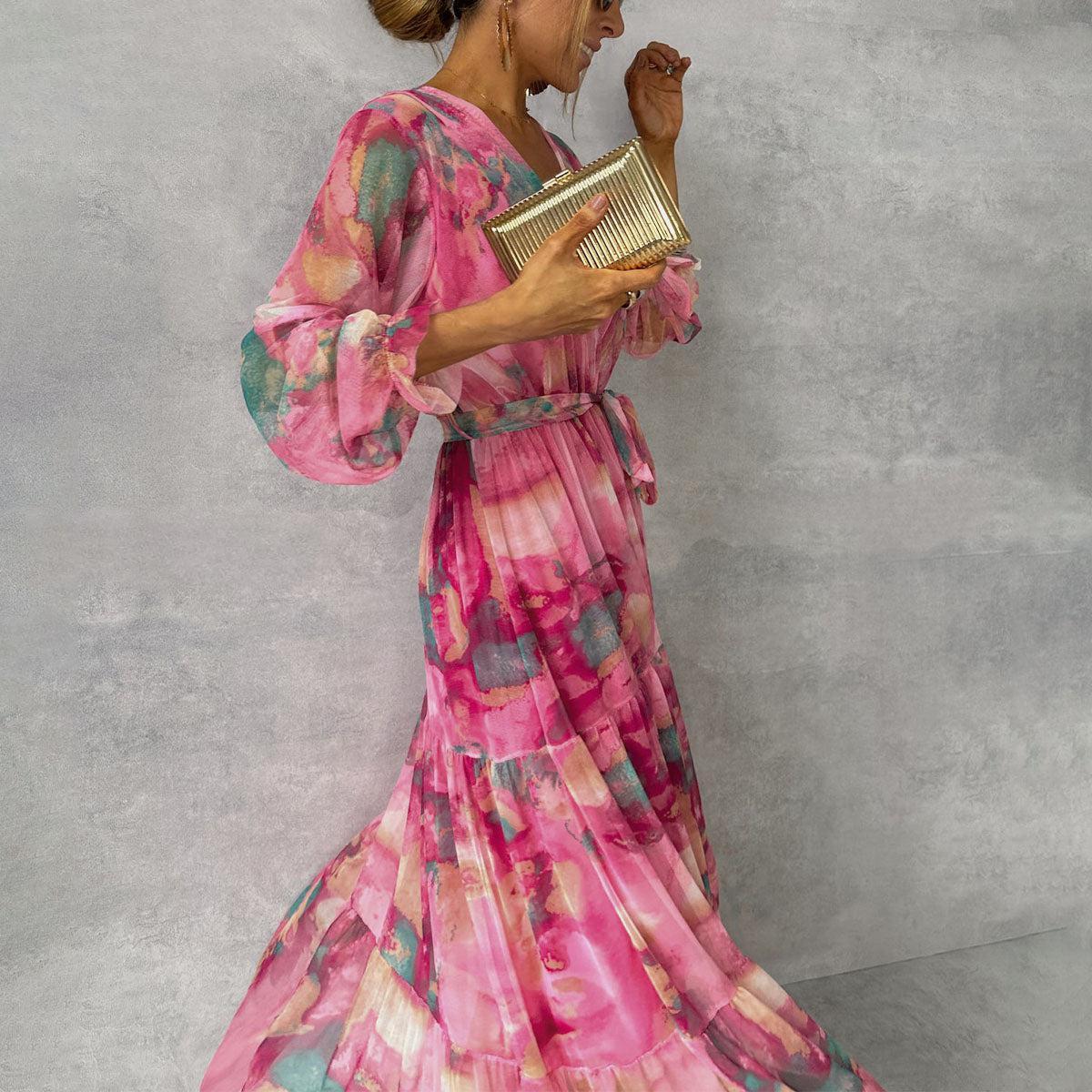 Long-sleeved Floral Print Dress Elegant V-neck Pleated High-waisted Big Swing Chiffon Maxi Dresses For Women Clothing - Swefashionstore