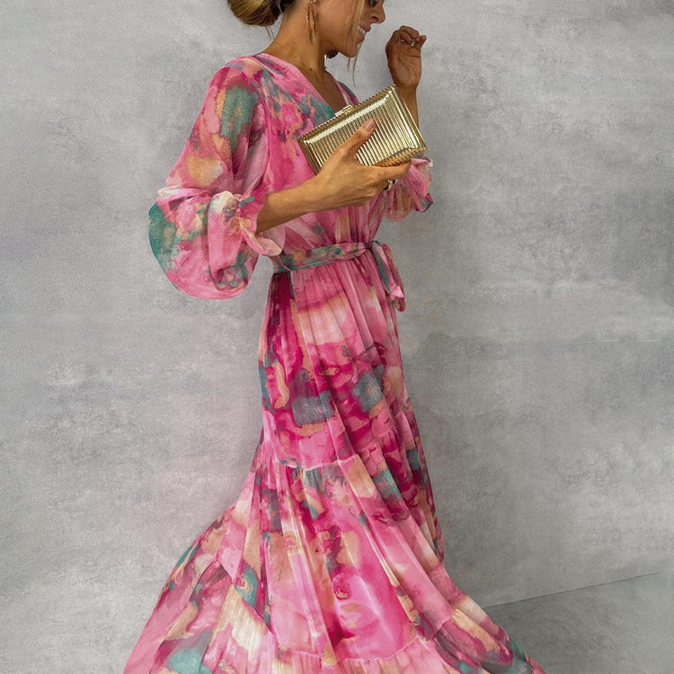 Long-sleeved Floral Print Dress Elegant V-neck Pleated High-waisted Big Swing Chiffon Maxi Dresses For Women Clothing - Swefashionstore