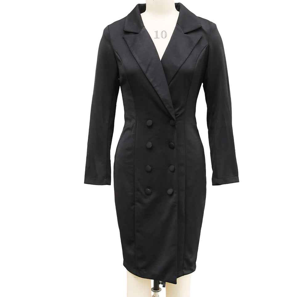Double-breasted Blazer Dress Fashion Slim-fitting Hip-wrapped Lapel Long-sleeved Dresses Office Commuting Long Jacket Outwear For Women&