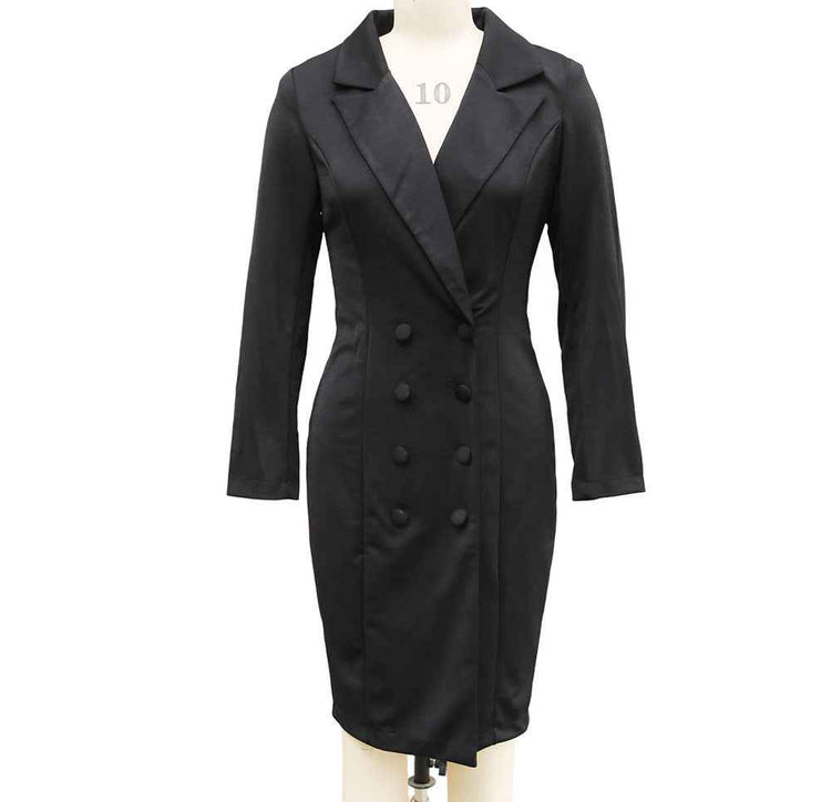 Double-breasted Blazer Dress Fashion Slim-fitting Hip-wrapped Lapel Long-sleeved Dresses Office Commuting Long Jacket Outwear For Women&
