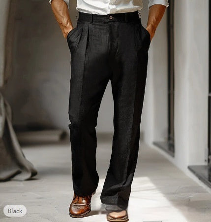 Black double pleated fashion casual straight trousers for middle-aged, micro-elastic linen fabric, mid waist.