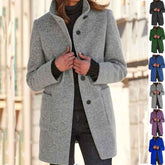 Fashion Stand Collar Woolen Coat for Women with Pockets - Casual Button Outwear for Fall Winter