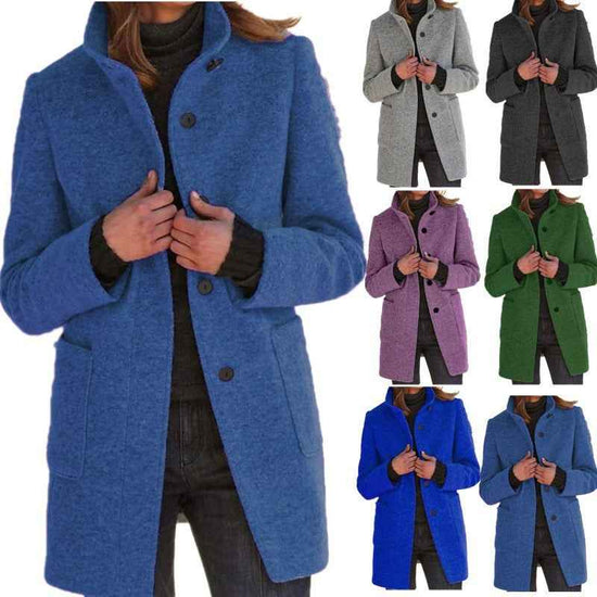 Fashion Stand Collar Woolen Coat for Women with Pockets - Casual Button Outwear for Fall Winter