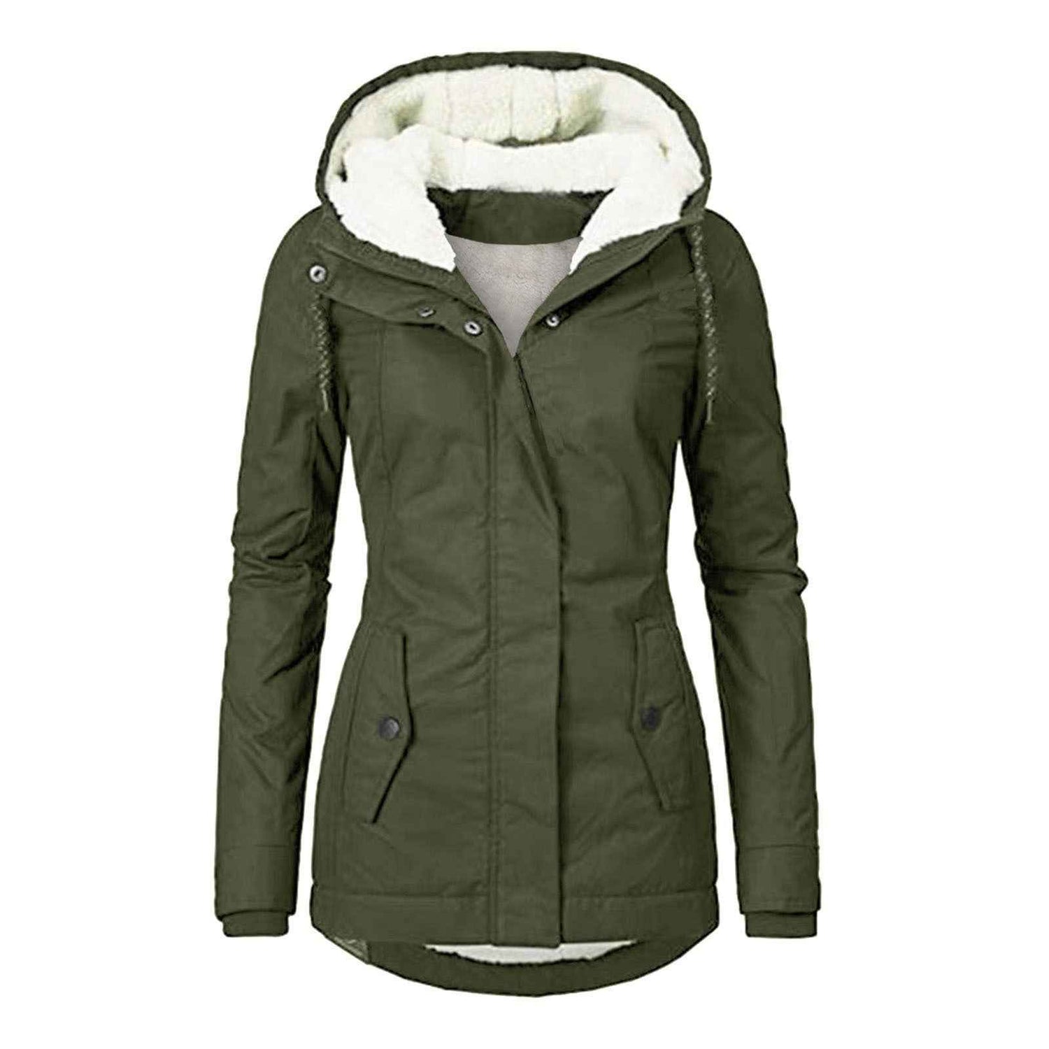 Winter Hooded Jacket for Women - Solid Color Fleece Zip-up with Pockets