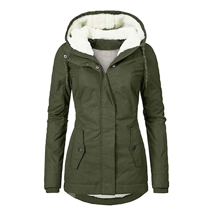 Winter Hooded Jacket for Women - Solid Color Fleece Zip-up with Pockets