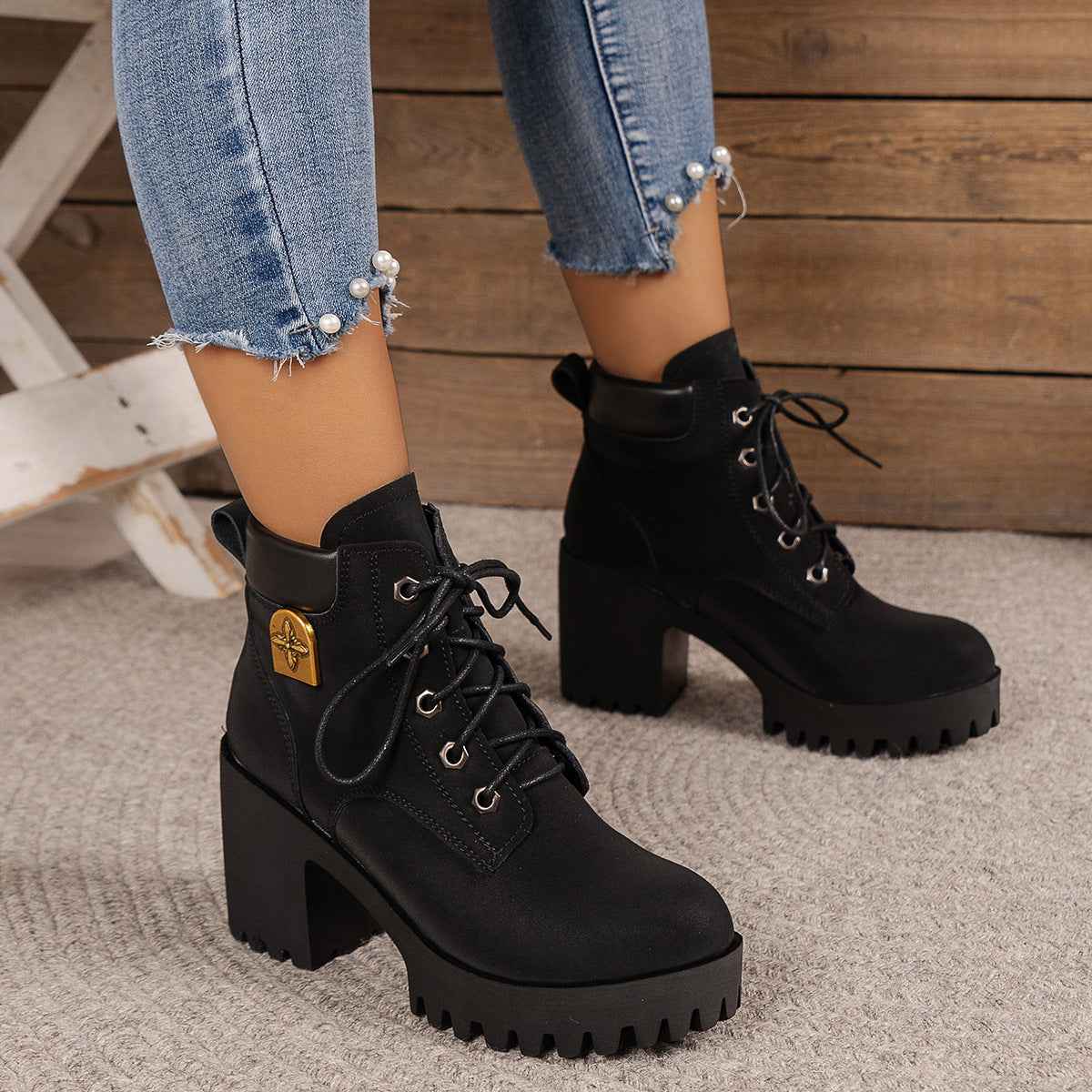 Chunky Heel Plus Size Martin Boots - Thick Bottom Fashion All-Match Plus Size Chunky Heel Boots